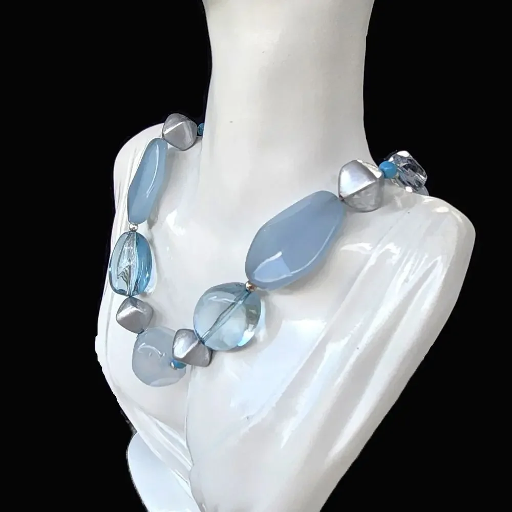 Milky Ice Blue Aquamarine Baroque Acrylic Beaded Necklace - Picture 8 of 9
